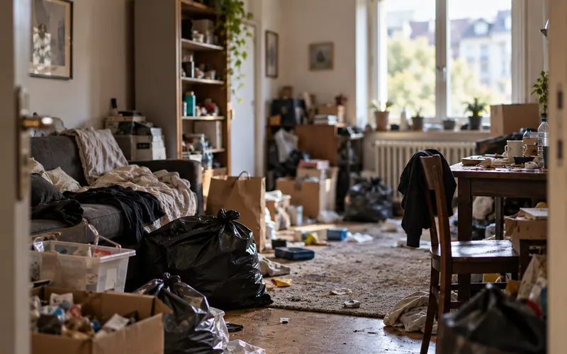 Vermüllte Wohnung mit Müllsäcken und Kartons vor der Messie-Entrümpelung