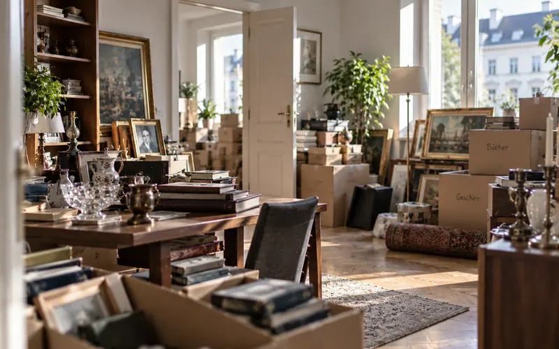 Altbauwohnung mit Gemälden, Büchern und beschrifteten Kartons bei der Verlassenschaftsräumung