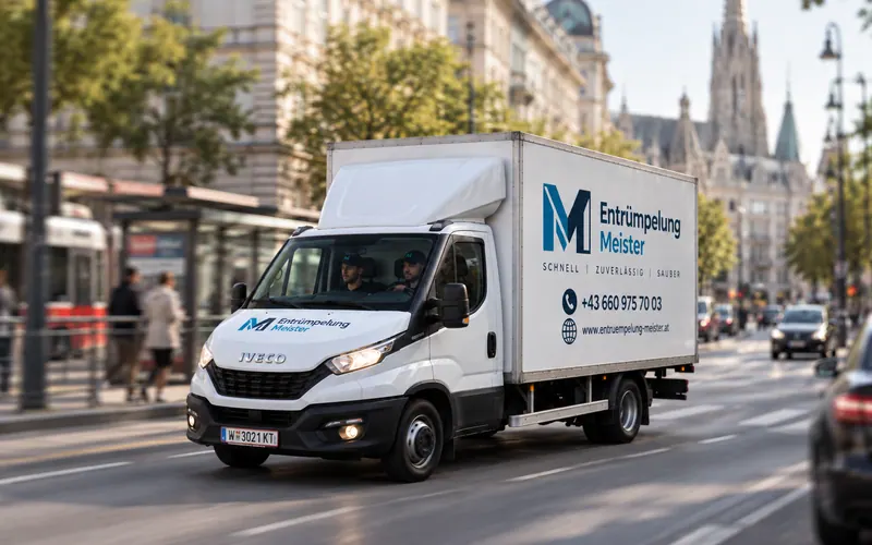 Beschrifteter LKW von Entrümpelung Meister unterwegs zu einer Wohnungsentrümpelung in der Stadt