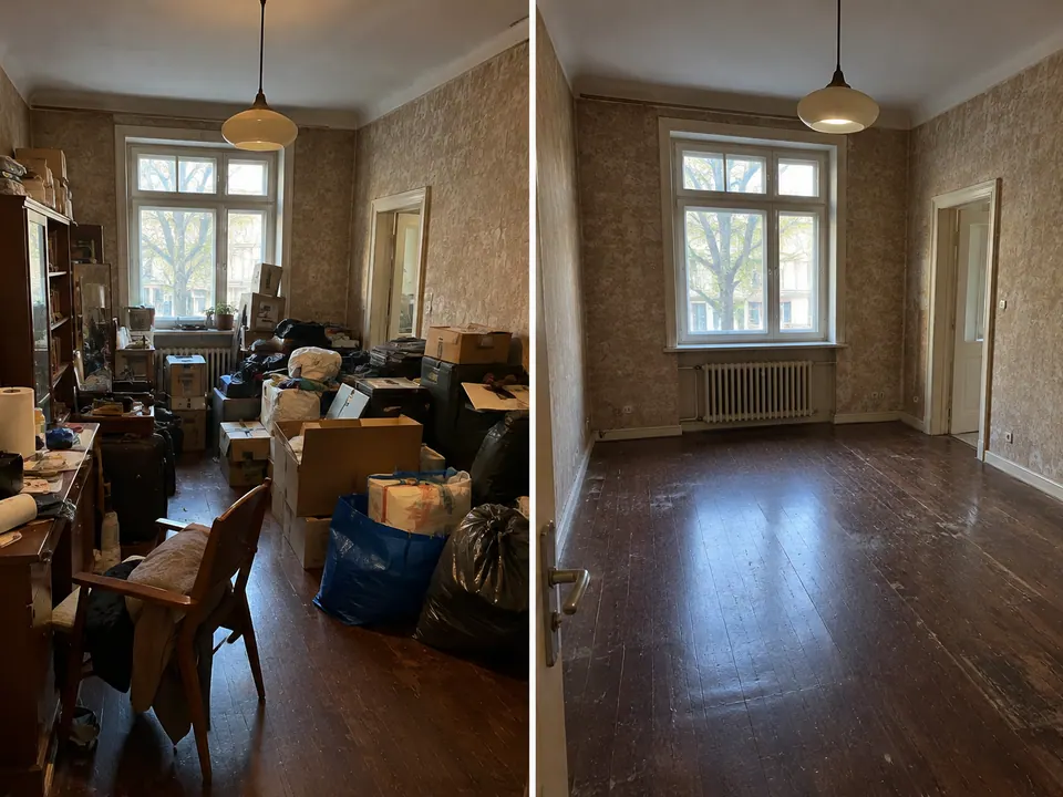 Zimmer einer Altbauwohnung vor und nach der Räumung