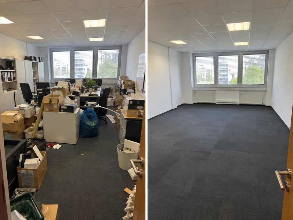 Büro vor und nach der Räumung – Möbel und Geräte abtransportiert