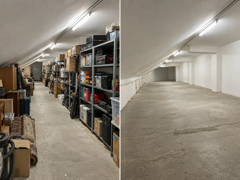 Langer Dachboden mit Regalen vor und nach der Entrümpelung