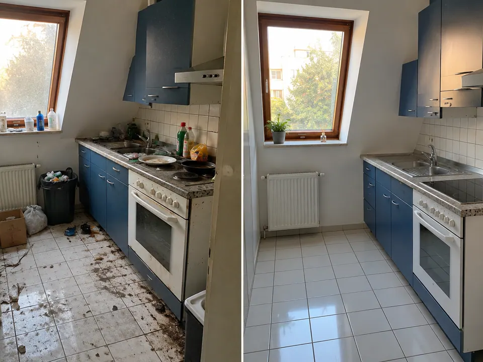 Küche einer Dachgeschosswohnung vor und nach der Räumung