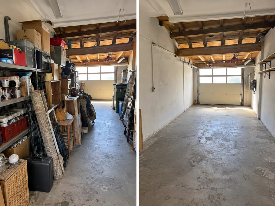 Garage mit Werkstattregalen vor und nach der Räumung