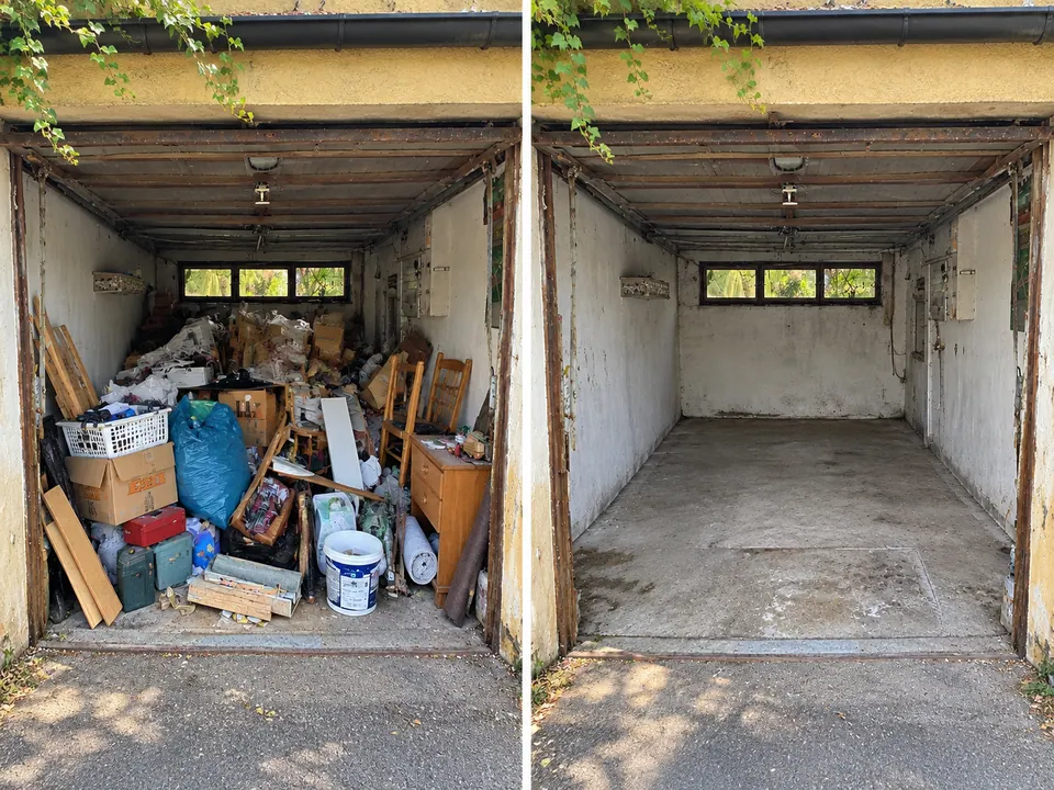 Vollgestellte Garage vor und nach der Entrümpelung