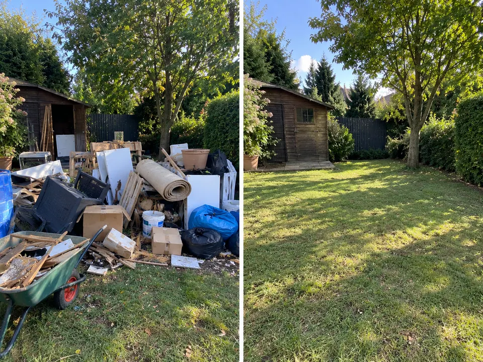 Garten mit Gartenhaus vor und nach dem Abtransport von Sperrgut