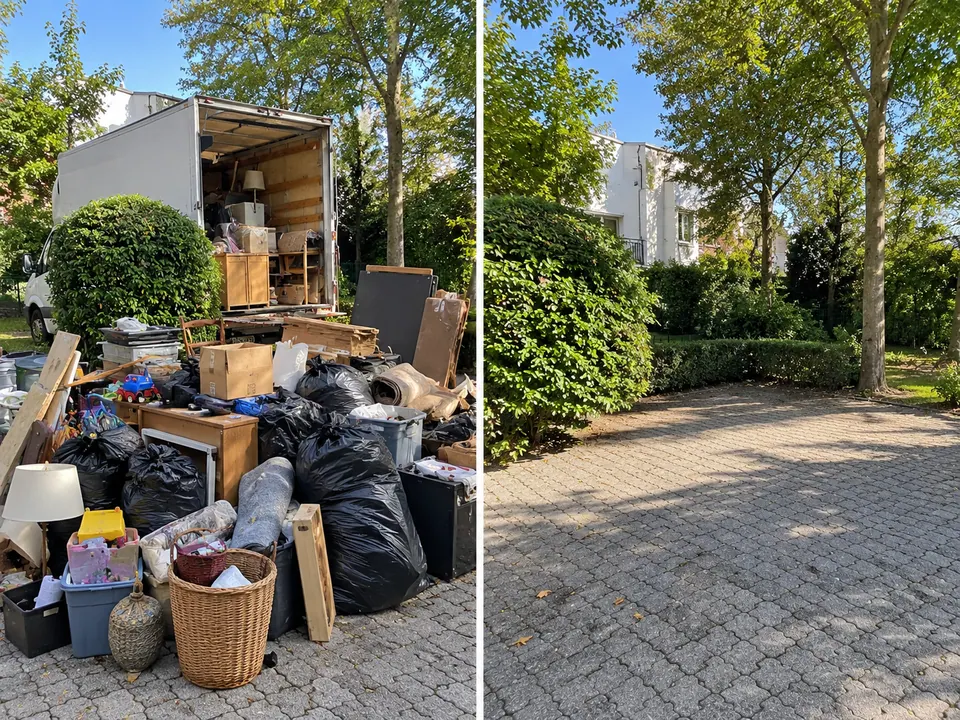 Sperrmüll im Garten eines Einfamilienhauses vor und nach der Abholung