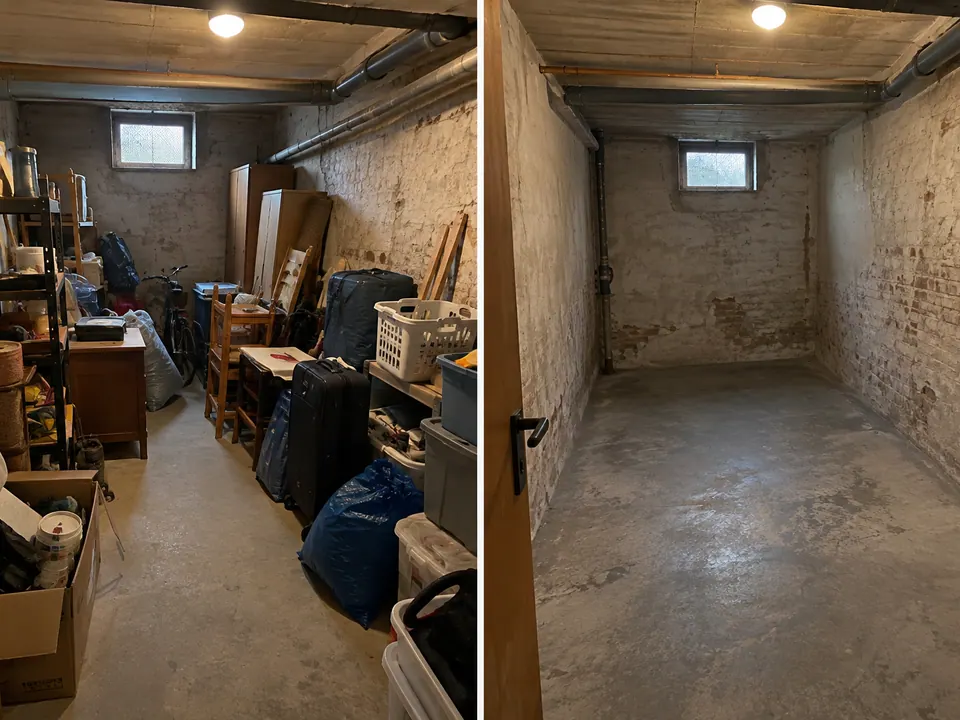 Kellerabteil mit Ziegelwand vor und nach der Räumung