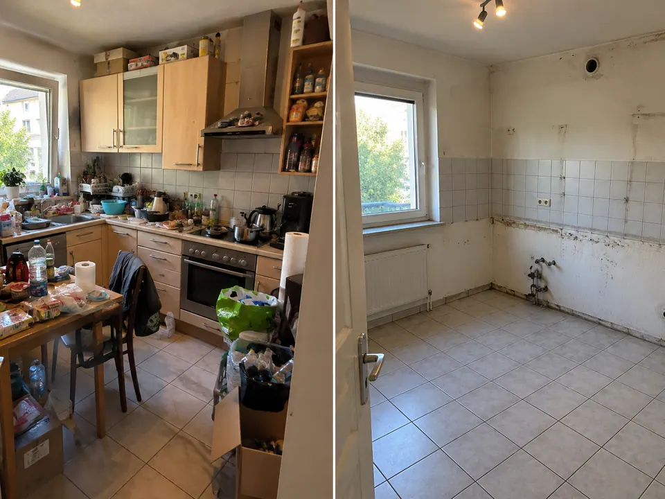 Küche mit Essplatz vor und nach der Wohnungsräumung