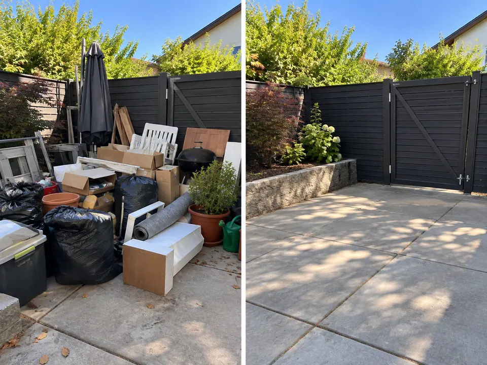 Terrasse mit Sperrgut vor und nach der Abholung