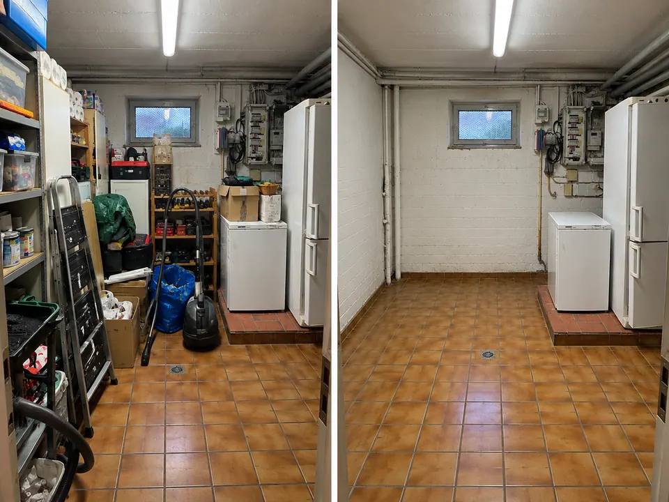 Waschküche im Keller vor und nach der Entrümpelung