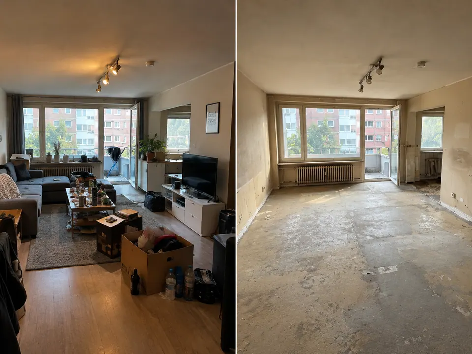 Wohnzimmer mit Balkontür vor und nach der Wohnungsräumung