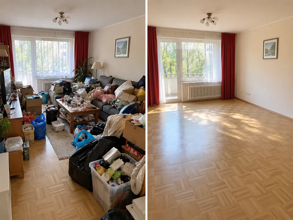 Wohnzimmer mit Parkettboden vor und nach der Entrümpelung