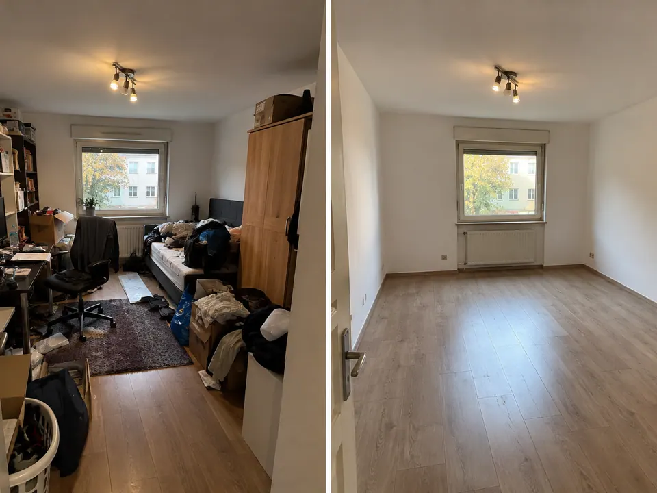 Zimmer vor und nach der Wohnungsentrümpelung – Möbel geräumt, Boden besenrein